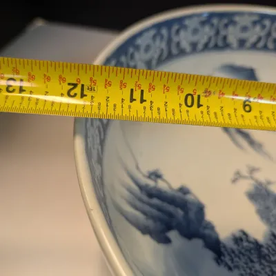 Antique Japanese Blue & White 12" Porcelain Landscape Design Bowl Marked