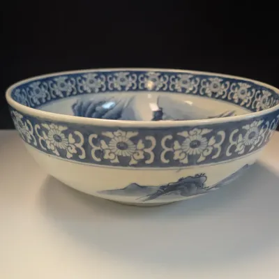 Antique Japanese Blue & White 12" Porcelain Landscape Design Bowl Marked