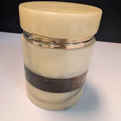 Vintage Italian Alabaster Hinged Trinket Box w/ Brass Bands