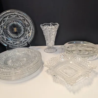 6 - Vintage Imperial Glass Crystal Cape Cod Pattern, Vintage 1950's Imperial Glass Daisy Button Vase, Indiana Diamond Crystal Dish...