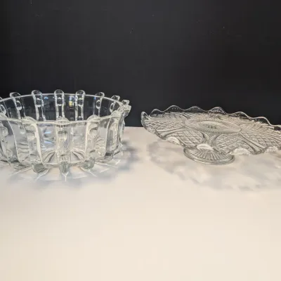 Vintage US Glass Broken Column Bowl Pedestal Serving Bowl & Clear Cake Platter