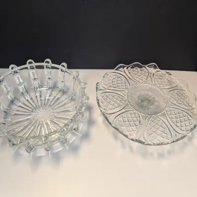 Vintage US Glass Broken Column Bowl Pedestal Serving Bowl & Clear Cake Platter