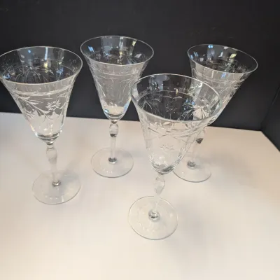 4 - Etched Crystal Wine Or Water Glassware