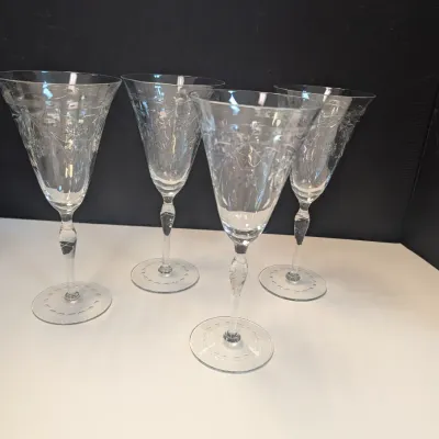 4 - Etched Crystal Wine Or Water Glassware