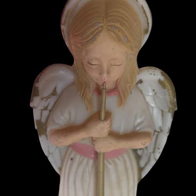 Sale Photo Thumbnail #180: Includes an angel, and Santa Claus. Total of two piece. There is age related wear, including paint loss on the angel, and plastic damage on Santa. Measurement of tallest: 62”H.
