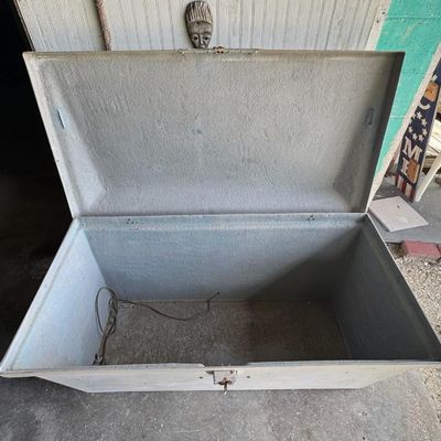 Sale Photo Thumbnail #234: This has a lockable hasp. There is age related wear, but no cracks to note, though the box is salty.
