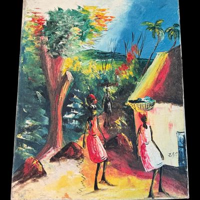 Sale Photo Thumbnail #274: This original Haitian folk art painting captures a traditional rural village scene showing local figures on their way to the market, with women balancing baskets on their heads.