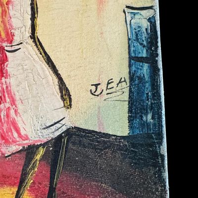 Sale Photo Thumbnail #275: This original Haitian folk art painting captures a traditional rural village scene showing local figures on their way to the market, with women balancing baskets on their heads.