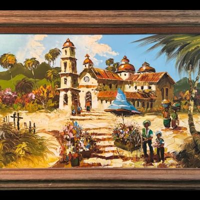 Sale Photo Thumbnail #283: Signed B Salas. Salas focused on vibrant, stylized everyday street scenes. Measurement: 56” x 32”. Pre-auction estimate: $100-$300.