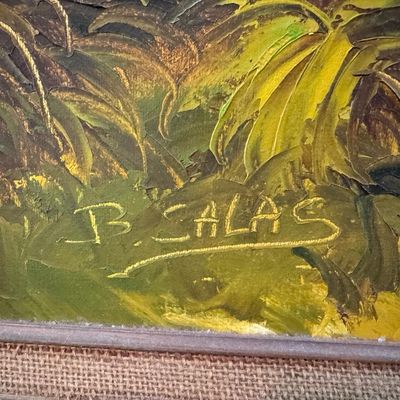 Sale Photo Thumbnail #284: Signed B Salas. Salas focused on vibrant, stylized everyday street scenes. Measurement: 56” x 32”. Pre-auction estimate: $100-$300.