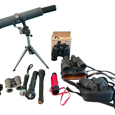 Sale Photo Thumbnail #286: Includes binoculars, early field binoculars, flashlights, and more. Total of 10 pieces.