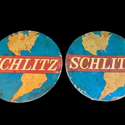 Sale Photo Thumbnail #299: This is a pair of signs, constructed of heavy cardboard. There is age related wear, including some discoloration. Measurement: 14” Diameter (each).