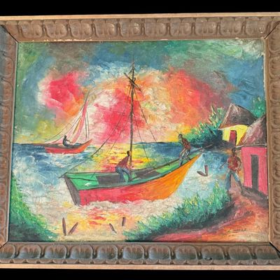 Sale Photo Thumbnail #301: This depicts a shore or fishing scene from the Haitian area. It is believed to be signed Louis, although it is difficult to determine under magnification.