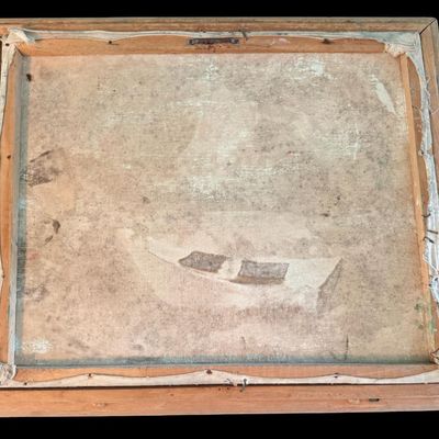 Sale Photo Thumbnail #303: This depicts a shore or fishing scene from the Haitian area. It is believed to be signed Louis, although it is difficult to determine under magnification.