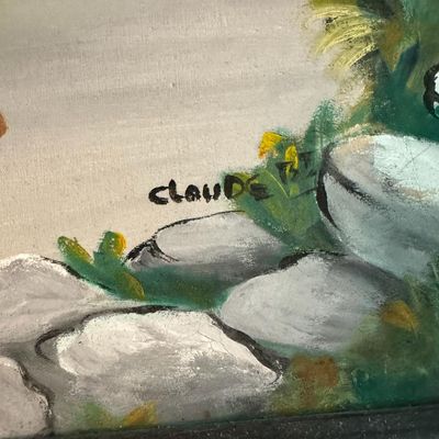 Sale Photo Thumbnail #305: This mid-century piece is an oil on canvas. Like so much art from this area, this piece captures daily life in the area it depicts..