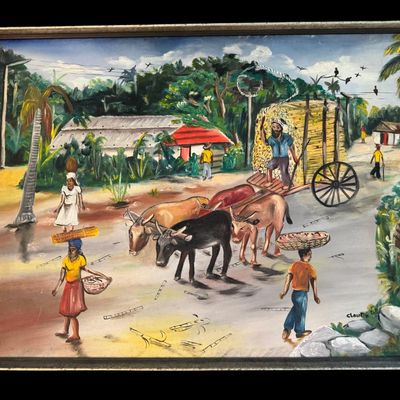 Sale Photo Thumbnail #304: This mid-century piece is an oil on canvas. Like so much art from this area, this piece captures daily life in the area it depicts..