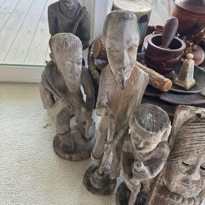 Sale Photo Thumbnail #387: Includes masks, statues, a drum, and a rattan table. Total of 15+ pieces.