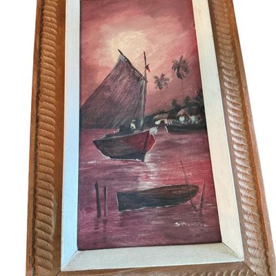 Sale Photo Thumbnail #408: Includes a like new bull print, a safari scene with lions, and a boat scene on canvas. Total of three pieces.