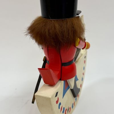 Sale Photo Thumbnail #134: Vintage Erzgebirge Germany Nutcracker 7.5” Horse Rider Rabbit Fur Soldier Wood, good condition.