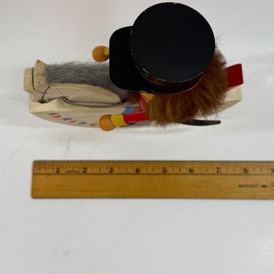 Sale Photo Thumbnail #131: Vintage Erzgebirge Germany Nutcracker 7.5” Horse Rider Rabbit Fur Soldier Wood, good condition.