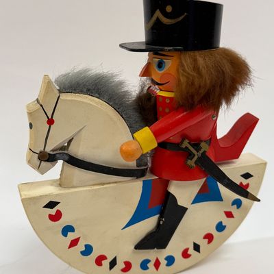 Sale Photo Thumbnail #136: Vintage Erzgebirge Germany Nutcracker 7.5” Horse Rider Rabbit Fur Soldier Wood, good condition.