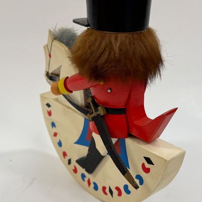 Sale Photo Thumbnail #133: Vintage Erzgebirge Germany Nutcracker 7.5” Horse Rider Rabbit Fur Soldier Wood, good condition.