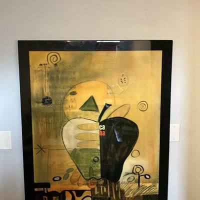 Original Mixed Media "The Big Apple" by Scott Hile – Large Framed Abstract Collage on Wood Panel