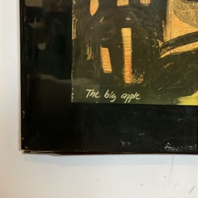 Original Mixed Media "The Big Apple" by Scott Hile – Large Framed Abstract Collage on Wood Panel