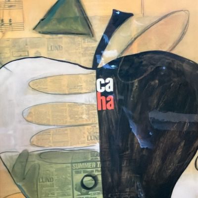 Original Mixed Media "The Big Apple" by Scott Hile – Large Framed Abstract Collage on Wood Panel