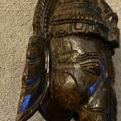 Hand-Carved Wooden Lord Ganesha Mask Wall Hanging – Spiritual Decor 12" Tall