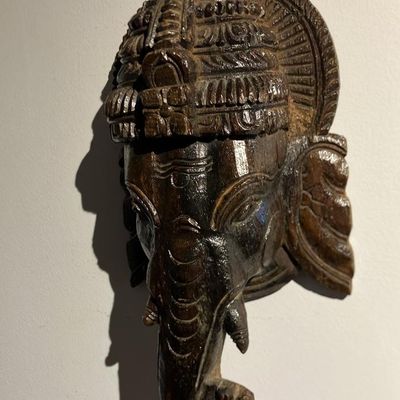 Hand-Carved Wooden Lord Ganesha Mask Wall Hanging – Spiritual Decor 12" Tall