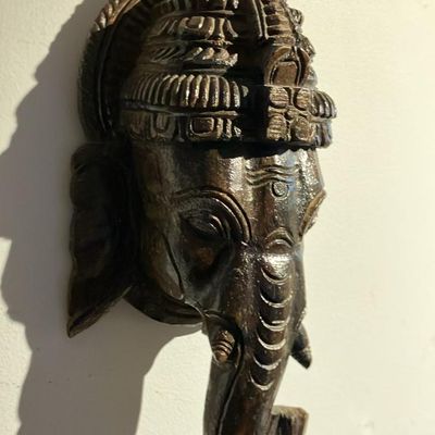 Hand-Carved Wooden Lord Ganesha Mask Wall Hanging – Spiritual Decor 12" Tall