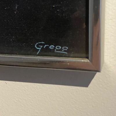 Signed Gregg Original Night Ocean Painting – Light Rays & Seagulls, Vintage Chrome Frame