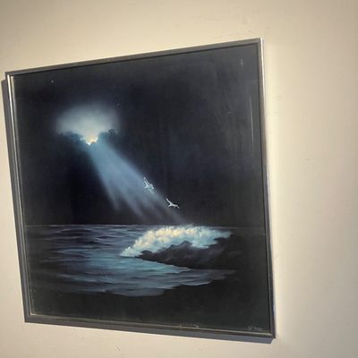 Signed Gregg Original Night Ocean Painting – Light Rays & Seagulls, Vintage Chrome Frame