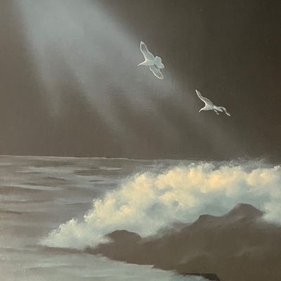 Signed Gregg Original Night Ocean Painting – Light Rays & Seagulls, Vintage Chrome Frame