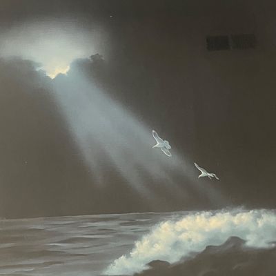 Signed Gregg Original Night Ocean Painting – Light Rays & Seagulls, Vintage Chrome Frame