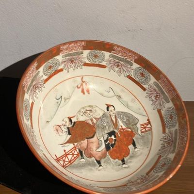 Japanese Kutani-Style Hand-Painted Porcelain Bowl - Lion Dance Scene - 8.25
