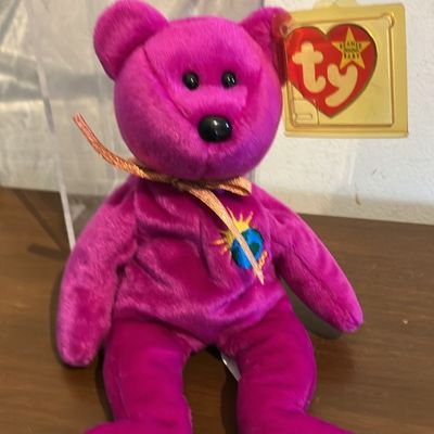 Vintage 90s Ty Beanie Baby Magenta Purple Bear w/ Gold Ty Tag + Case