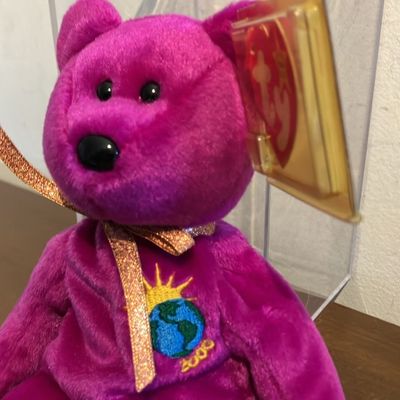 Vintage 90s Ty Beanie Baby Magenta Purple Bear w/ Gold Ty Tag + Case