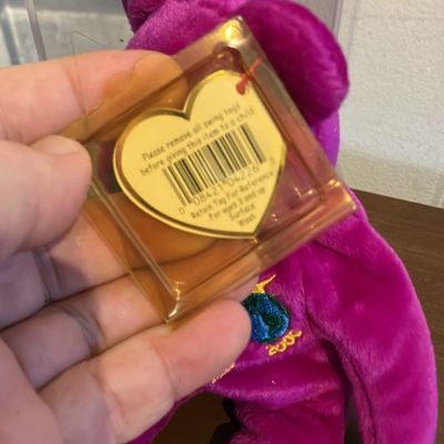 Vintage 90s Ty Beanie Baby Magenta Purple Bear w/ Gold Ty Tag + Case