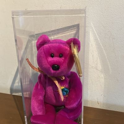 Vintage 90s Ty Beanie Baby Magenta Purple Bear w/ Gold Ty Tag + Case