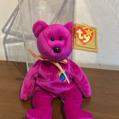 Vintage 90s Ty Beanie Baby Magenta Purple Bear w/ Gold Ty Tag + Case