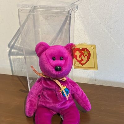 Vintage 90s Ty Beanie Baby Magenta Purple Bear w/ Gold Ty Tag + Case