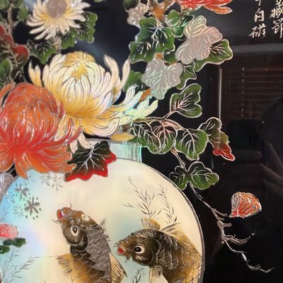 Signed Chinese Reverse Glass Painting: Auspicious Vase of Chrysanthemums