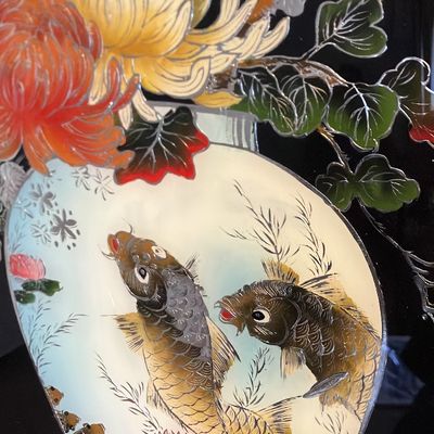 Signed Chinese Reverse Glass Painting: Auspicious Vase of Chrysanthemums
