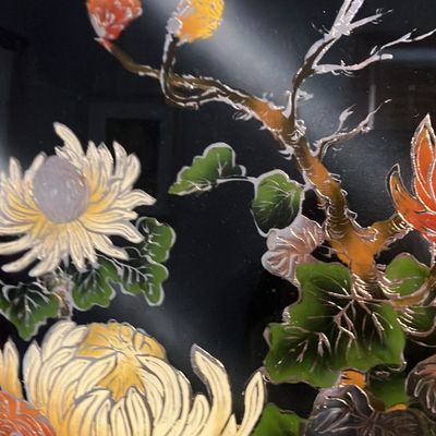 Signed Chinese Reverse Glass Painting: Auspicious Vase of Chrysanthemums