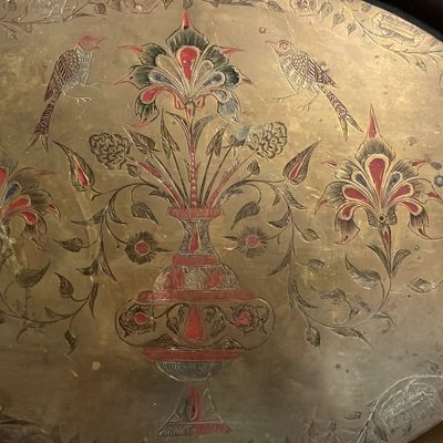 Large Vintage Etched Brass Oval Serving Tray Middle Eastern Turkish Persian Floral Urn Birds 22”