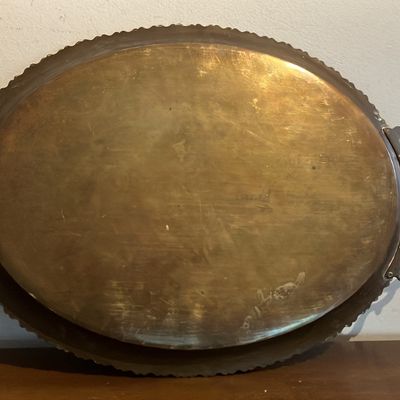 Large Vintage Etched Brass Oval Serving Tray Middle Eastern Turkish Persian Floral Urn Birds 22”