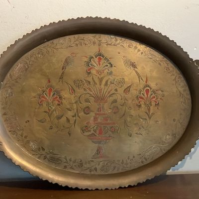 Large Vintage Etched Brass Oval Serving Tray Middle Eastern Turkish Persian Floral Urn Birds 22”
