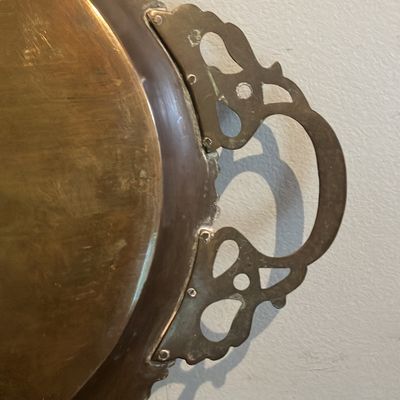 Large Vintage Etched Brass Oval Serving Tray Middle Eastern Turkish Persian Floral Urn Birds 22”